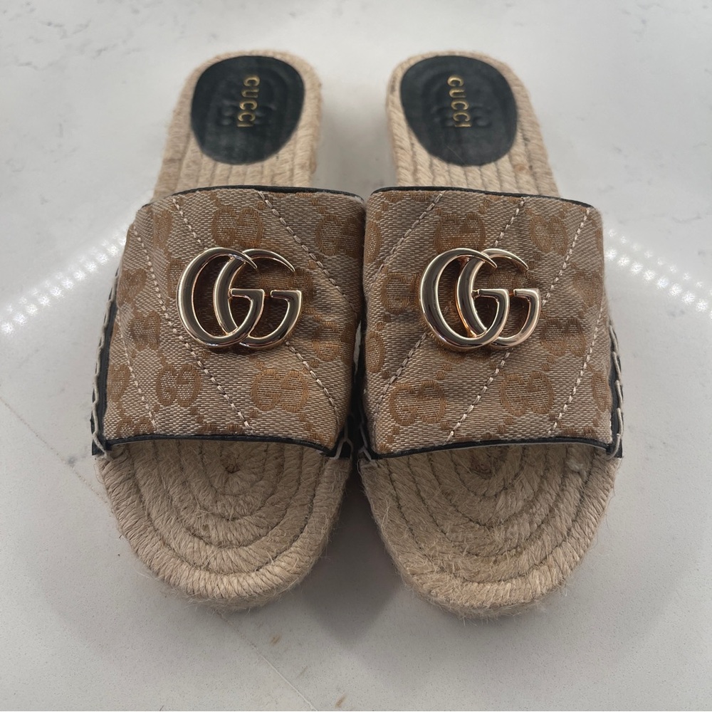 Gucci Slides Espadrille Womens Size 8 Tan Open Toe